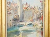 an image of a painting of a river with buildings in the background