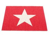a close up of a red and white rug with a star on it