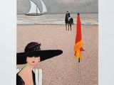 an image of a painting of a woman on the beach with a sailboat in the background