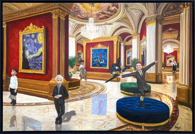 un tableau représentant un homme jouant du piano dans une grande pièce