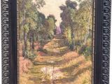 an oil painting of a path in the woods with a house in the distance
