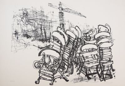 dessin représentant un groupe de chaises disposées devant une grue de chantier
