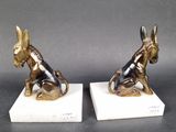 pair of antique brass dog figurines on marble bases
