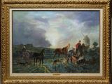 an image of a painting of a group of people with horses and a dog