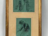 two framed drawings of a man and a woman in a kitchen