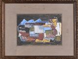 an image of a painting of a man sitting on a bench