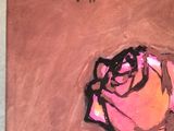 painting of a pink rose on a brown background with the words dan sluiff park