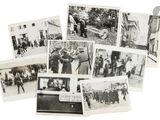 several old black and white photos of people in the street