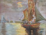 une peinture à l'huile représentant un voilier sur l'eau, avec la pleine lune en arrière-plan
