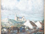 an image of a painting of a village with a church in the background