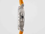 a close up of a wrist watch with an orange strap