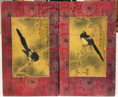 two pictures of a bird on a red and gold book