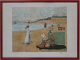 tableau représentant une famille à la plage avec un chien et un parasol