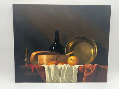 tableau représentant une nature morte avec des oranges et une bouteille de vin posées sur une table