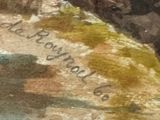 a close up of a painting of a person on a rock