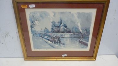 tableau encadré représentant une scène fluviale avec des bateaux sur l'eau