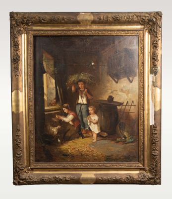 un vieux tableau représentant un homme et un enfant dans une grange