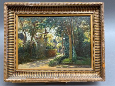 an oil painting of a house and trees in a gold frame