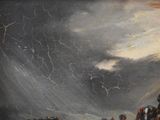 a painting of a group of people riding horses in a storm
