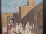 painting of a group of people walking down a street in front of a castle