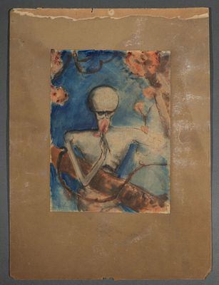tableau représentant un squelette assis sur une branche d'arbre, sur fond bleu
