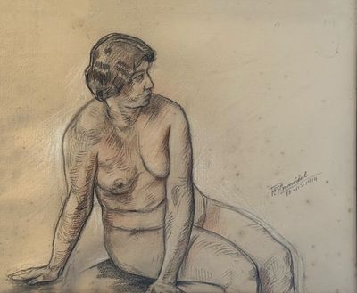 dessin représentant une femme nue assise par terre, les mains posées sur les genoux