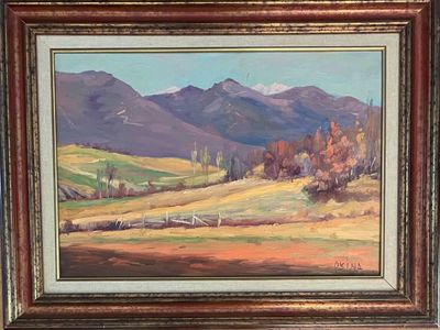 an oil painting of a landscape with mountains in the background
