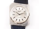 a silver watch with a black leather strap on a white surface