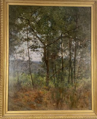 a painting of a wooded scene with trees and bushes in the foreground