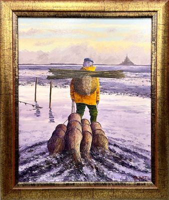 a painting of a man standing on a rock in the water