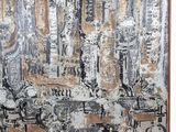 abstract painting of a cityscape with a clock on the wall
