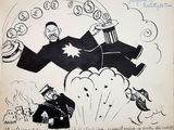 drawing of a cartoon of a man in a top hat flying through the air