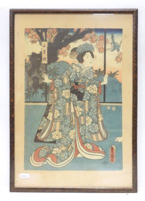 an image of a painting of a woman in a blue kimono