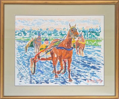 un tableau représentant un cheval tirant une charrette dans l'eau