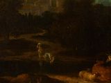 painting of a landscape with a castle in the distance and a man on a horse in the foreground