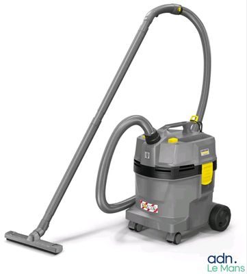 a gray vacuum cleaner with a yellow handle and a gray hose