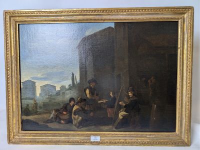 an oil painting of a group of people outside a building
