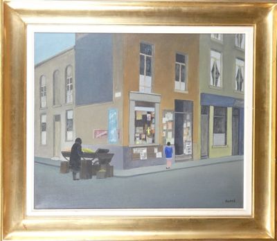 un tableau représentant un homme assis sur un banc devant un immeuble