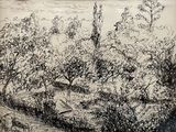 dessin d'un paysage avec des arbres et une rivière au premier plan