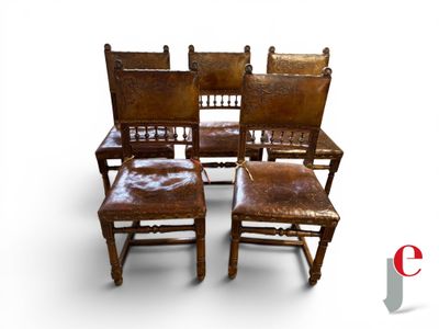 four wooden chairs with brown leather seats and a red and white logo on a white background