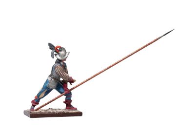 statue of a man in armor holding a spear on a white background