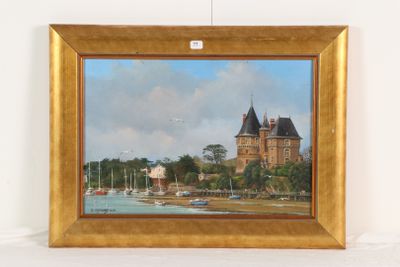 une photo d'un tableau représentant un château au bord de l'eau