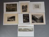 six black and white photographs of a river, bridge, and mountains