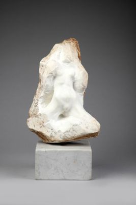 une sculpture en marbre blanc représentant la tête d'une femme, posée sur un socle en marbre