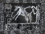 chalk drawing of a dog on a blackboard with a person standing next to it