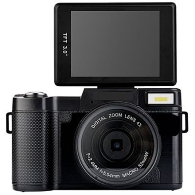 L'appareil photo est noir et comporte un petit écran sur le dessus.