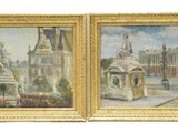 deux tableaux représentant une rue de la ville avec des bâtiments et une calèche
