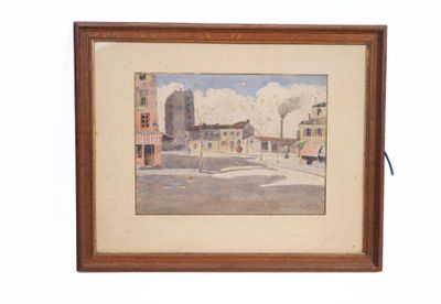 tableau représentant une scène de rue avec des bâtiments et un lampadaire