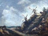 peinture représentant un paysage avec un moulin à vent et des marches menant à une colline