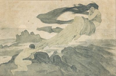 un dessin représentant une femme survolant une étendue d'eau